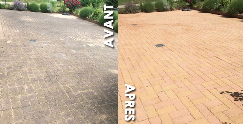 Avant et après le passage du traitement sur pavés son Karcher